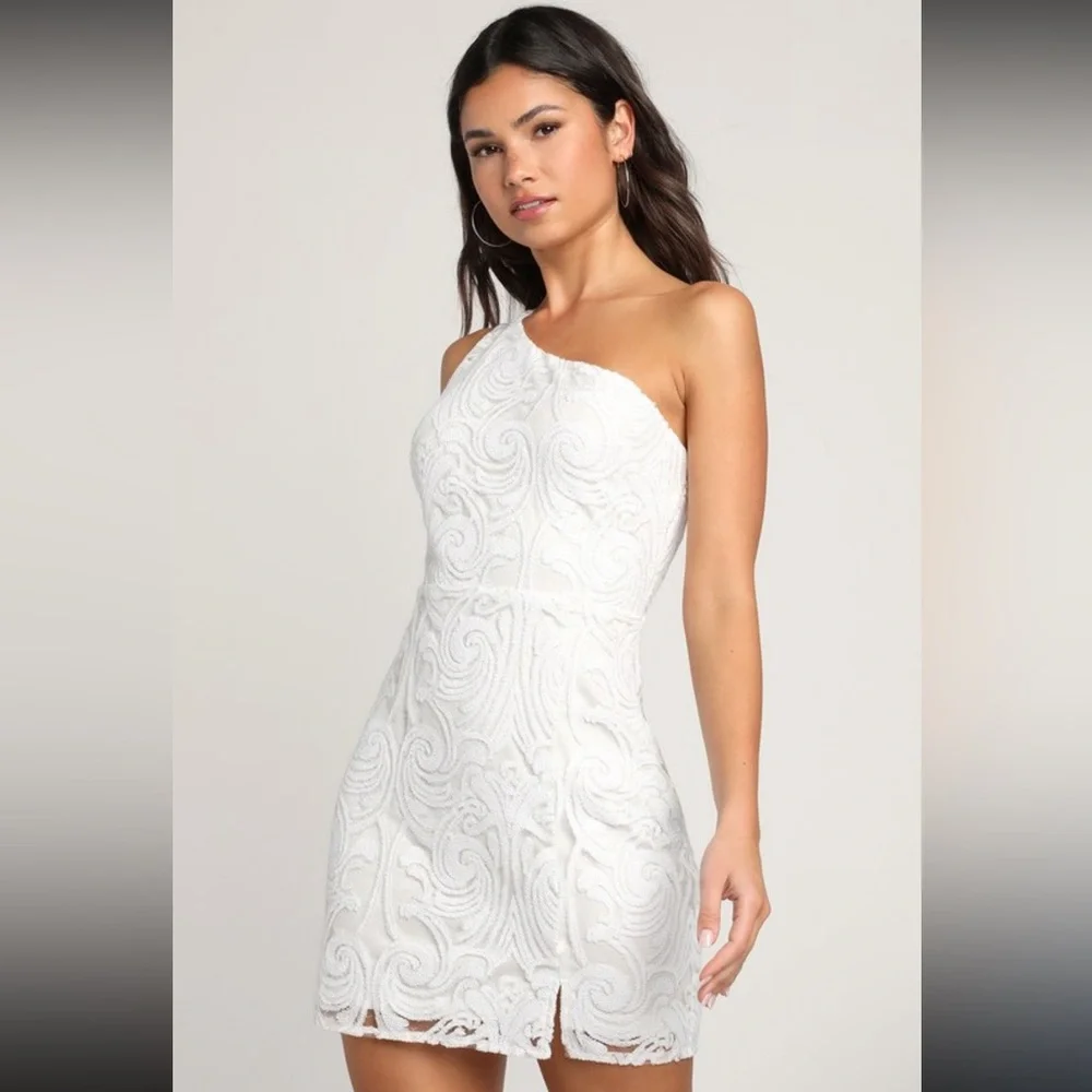 NWT Madina White Sequin One-Shoulder Bodycon Mini Dress - Picture 1 of 11